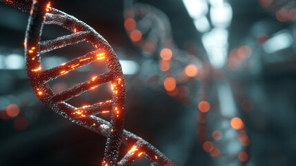 Photorealistic glowing DNA double helix in a futuristic medical lab with holographic interface symbolizing genetics biotechnology genomics research and scientific innovation.