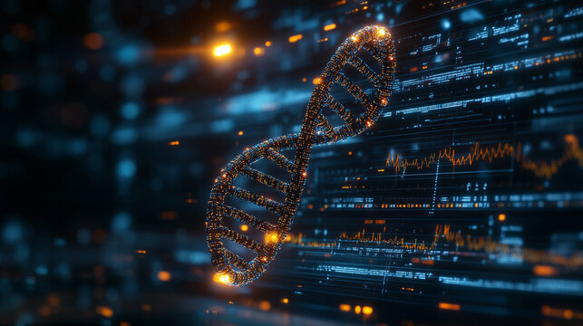 Photorealistic glowing DNA double helix in a futuristic medical lab with holographic interface symbolizing genetics biotechnology genomics research and scientific innovation. - Powered by Adobe