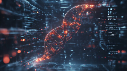Photorealistic glowing DNA double helix in a futuristic medical lab with holographic interface symbolizing genetics biotechnology genomics research and scientific innovation.