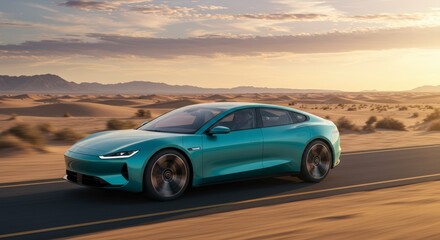 Fototapeta premium Electric vehicle driving along a desert road with sunlight and copy space for advertising purposes