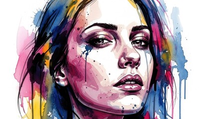 A colorful, abstract portrait of a woman with a tear running down her cheek.