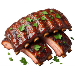 Glazed pork ribs with fresh parsley garnish isolated on a transparent background meat barbecue