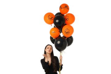 Woman celebrates Halloween with themed balloons, isolated on white, PNG