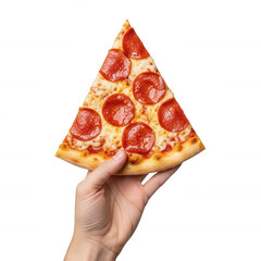 Hand holding pepperoni pizza slice with melted cheese and red sauce isolated on a transparent background