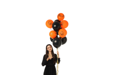 Woman celebrating Halloween with festive balloons, isolated on white, PNG