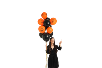 Woman with Halloween balloons at celebration, isolated on white, PNG