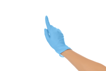 Blue-gloved hand raised for attention, isolated on white, PNG