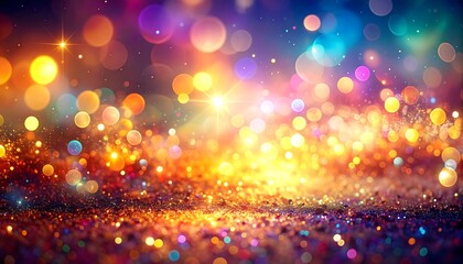 A festive, glittery scene with sparkling bokeh lights, a luminous foreground and a bright glow