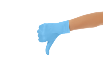 Blue glove thumbs down indicates disapproval, isolated on white, PNG