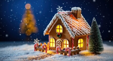Fototapeta premium A gingerbread house with a snow-covered roof and windows, surrounded by candy canes and a Christmas tree, against a dark blue background with snowflakes falling.