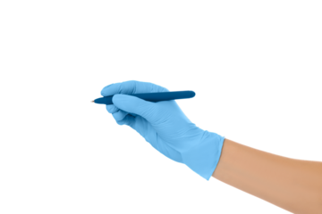 A gloved hand holds a pen preparing to write notes, isolated, PNG