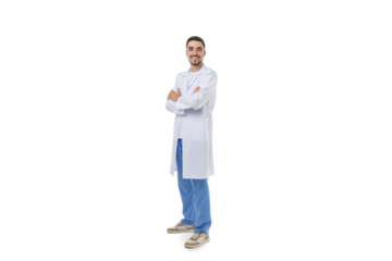 Confident doctor in white coat and blue scrubs, isolated, PNG