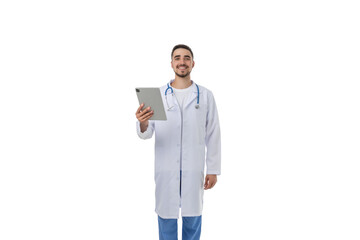 Doctor in a white coat with a tablet, isolated, PNG