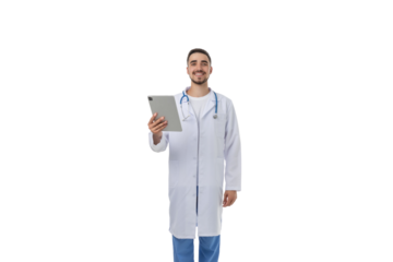 Doctor in a white coat with a tablet, isolated, PNG