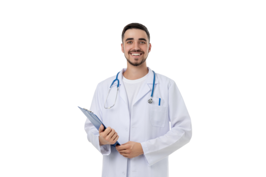 Doctor stands with a clipboard and smiles warmly, isolated, PNG