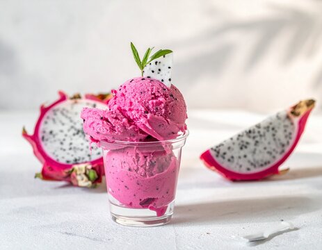 Vibrant pink dragon fruit ice cream scoops, garnished with fresh mint, presented in a clear glass alongside sliced pitaya halves, offering a refreshing and exotic summer dessert