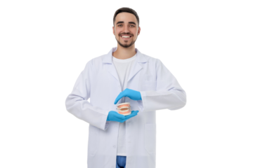 Doctor in gloves presents dental model, isolated, PNG