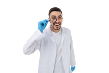 Doctor smiles while examining details closely, isolated, PNG
