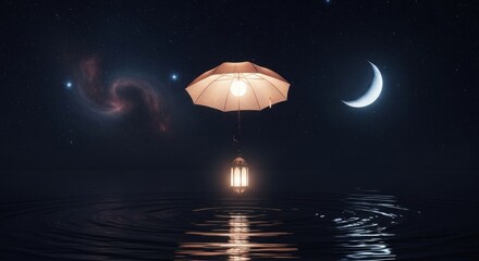 A glowing lantern suspended in mid-air above a calm body of water, with a crescent moon and stars in the background.