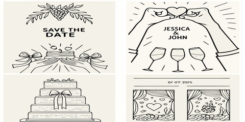 Set of four minimalist line art wedding invitation elements including save the date cake wine glasses and wedding cake