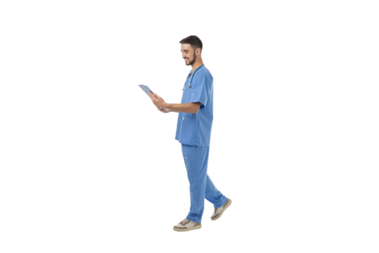 Male doctor walks while holding medical paperwork, isolated, PNG - Powered by Adobe