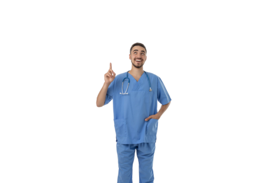Doctor in blue scrubs gives thumbs up, isolated, PNG
