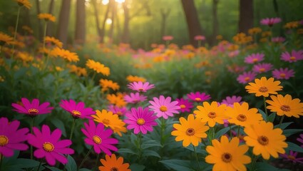 Fototapeta premium Vibrant Wildflower Meadow in a Forest with Golden Sunlight and C