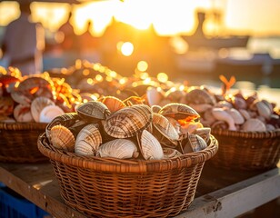 Abundant display of freshly harvested clams and diverse shellfish in traditional wicker baskets at a vibrant seaside market during a beautiful sunset