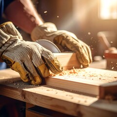 A carpenter saws through wood, with sawdust flying in the sunny workshop