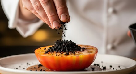 A chef garnishes a halved tomato with dark, granular seasoning on a white plate, showcasing a culinary presentation.