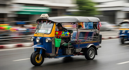 Bangkok Tuk-Tuk Adventure A Splash of Fun in the Heart of Thailand. Experience the vibrant streets of Bangkok with a playful ride. Capture the joy of a water gun fight during Songkran festival