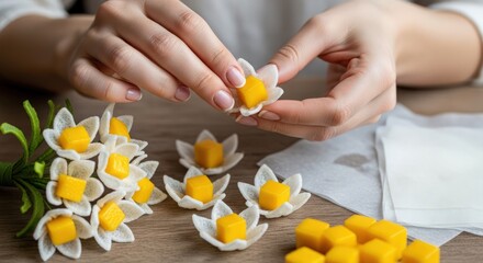 Hands carefully assembling delicate white and yellow flower-shaped desserts, possibly for a special occasion.