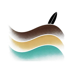 Obraz premium Stylized illustration of a beach scene with a surfboard, featuring layers of sand, a tan shoreline, and blue ocean waves against a white background.