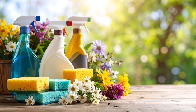 Spring cleaning supplies on a wooden table