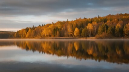 Fototapeta premium In autumn, the lake reflects the colorful trees on the shore, forming a quiet and beautiful natural picture.
