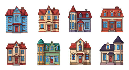 Fototapeta premium Collection of eight intricately detailed victorian style houses rendered in a vibrant pixel art style isolated on white background