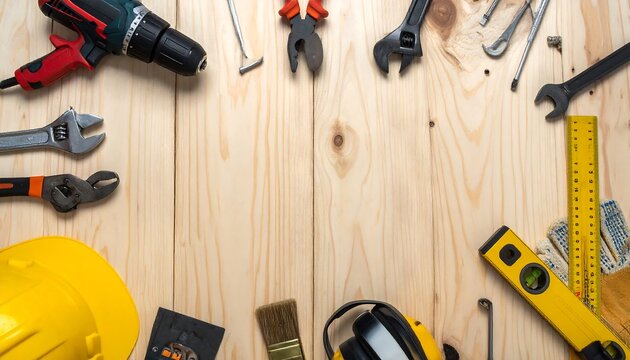Assorted construction tools, including wrenches, a drill, and measuring tools, arranged on light wooden planks