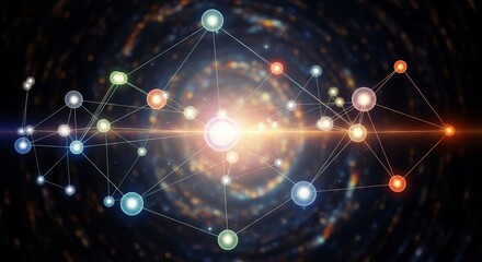 Abstract network of interconnected nodes with a bright central light against a cosmic background
