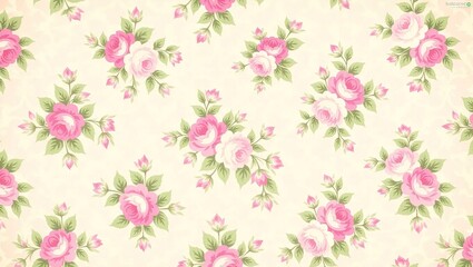Vintage Floral Pattern Featuring Pink Roses and Green Leaves on