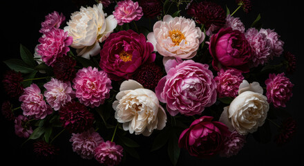 Obraz premium Luxurious Floral Arrangement with Deep Red and Cream Peonies on a Dark Background, Ideal for Elegant Designs and Sophisticated Projects, Opulent Display