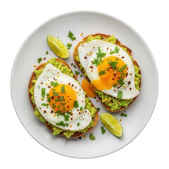 Avocado toast with fried eggs and lime wedges isolated on a transparent background sunny