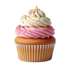 Swirled frosted cupcake with colorful sprinkles isolated on a transparent background frosting pink