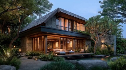 Fototapeta premium Luxurious wooden house nestled in greenery at dusk, outdoor seating by pool, stone path to patio,