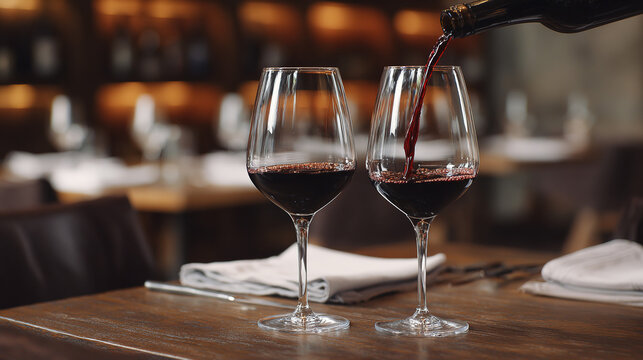 fine. Two elegant wine glasses being filled in a softly lit, blurred restaurant setting. bar promotions, beverage menus, designed for food & beverage menus and cafe branding.
