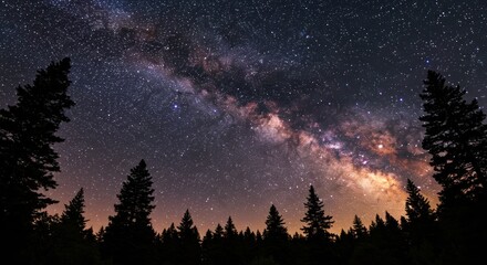 Fototapeta premium Milky way over trees night sky panorama