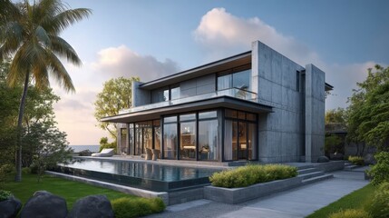 Fototapeta premium Modern house with geometric design and large glass windows, surrounded by lush greenery and a reflective pool,