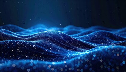Abstract Digital Wavy Background with Glowing Blue Particles and Dark Backdrop for Modern Technological Design in Studio Shot