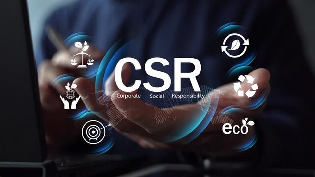 Corporate social responsibility concept with eco icons, recycling, sustainability, and business ethics. Promoting green business, environmental protection, and social accountability for future growth.