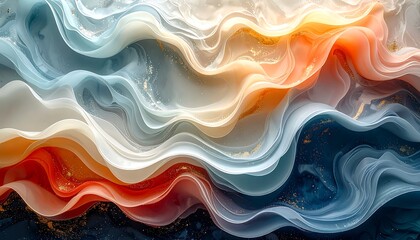 Abstract fluid wave of orange, blue, gold colors, translucent & smooth