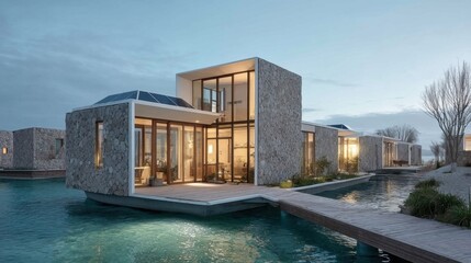 Modern architectural structure on water with cubic forms, large glass windows, asymmetrical steel roofing,